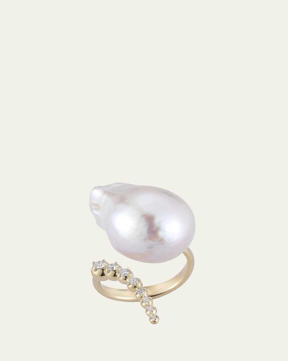 Curved Baroque Pearl & Diamond Ring in 14K Gold