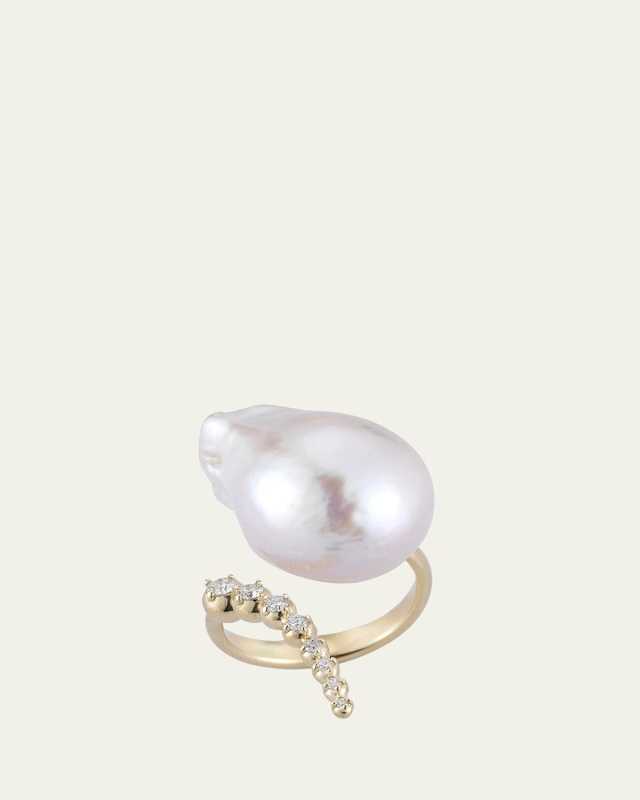 Curved Baroque Pearl & Diamond Ring in 14K Gold