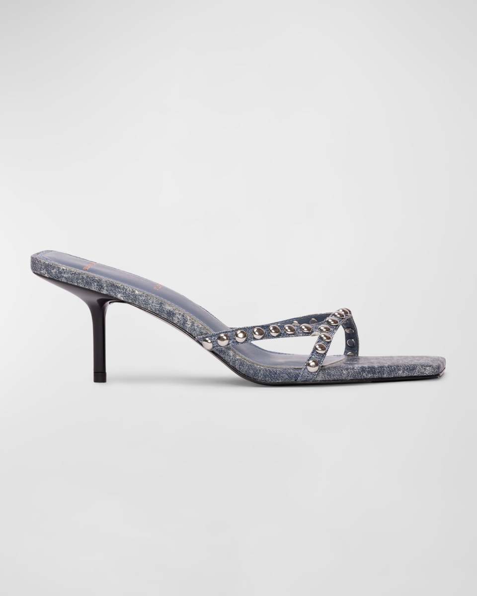 Dome Stud Denim Kitten-Heel Slide Sandals
