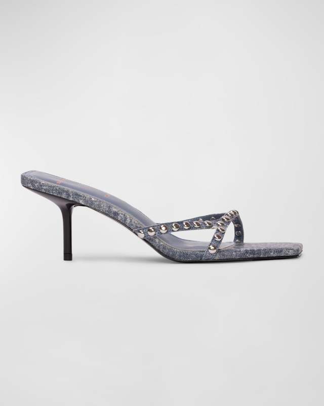 Dome Stud Denim Kitten-Heel Slide Sandals
