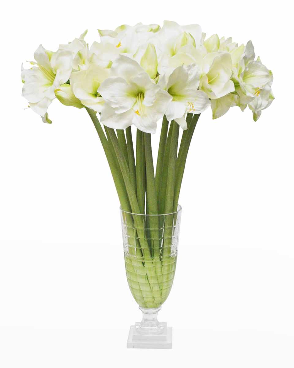 Faux Amaryllis Floral Arrangement in Square Cut Vase
