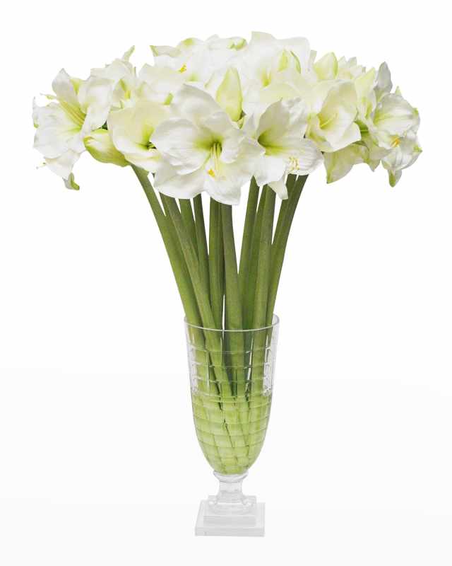 Faux Amaryllis Floral Arrangement in Square Cut Vase