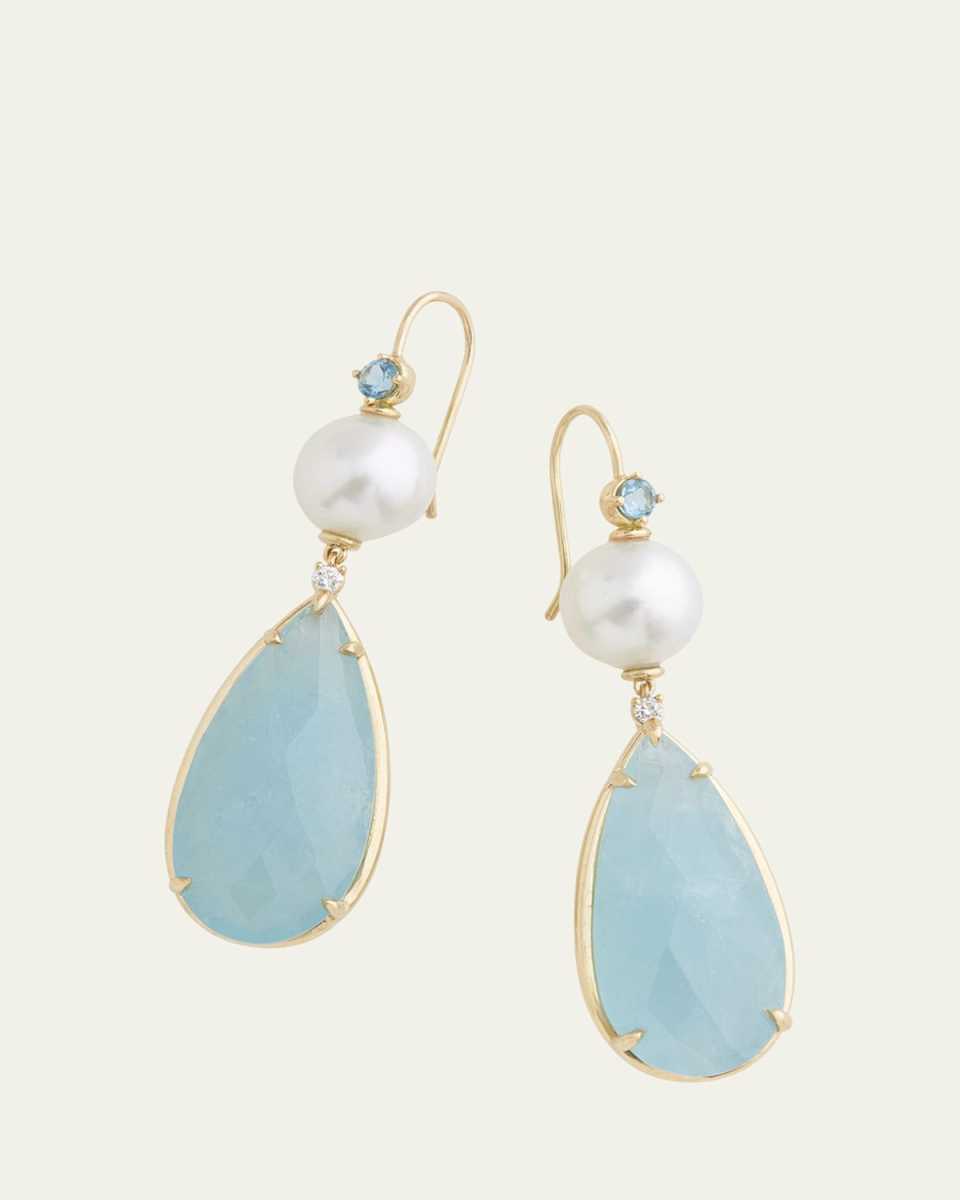18K Yellow Gold Pearl, Aquamarine and Diamond Drop Earrings