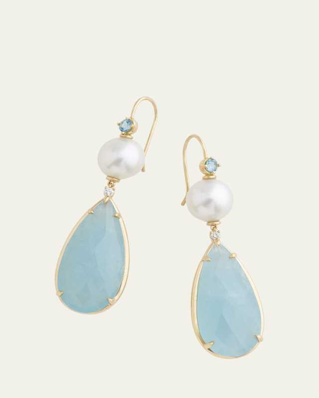 18K Yellow Gold Pearl, Aquamarine and Diamond Drop Earrings