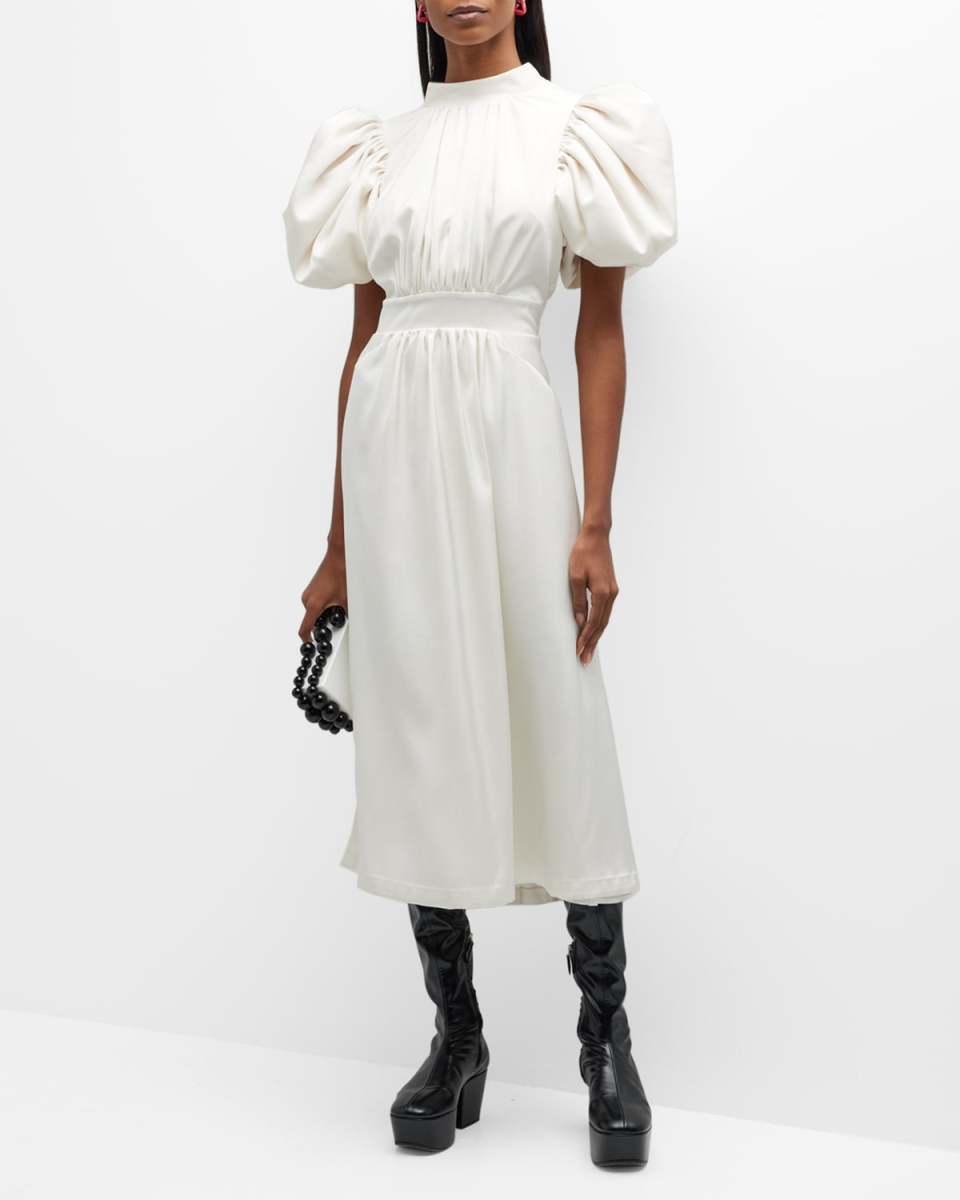 Sateen Puffed-Sleeve Midi Dress