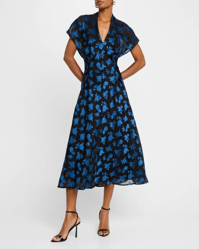 V-Neck Rode Jacquard A-Line Midi Dress
