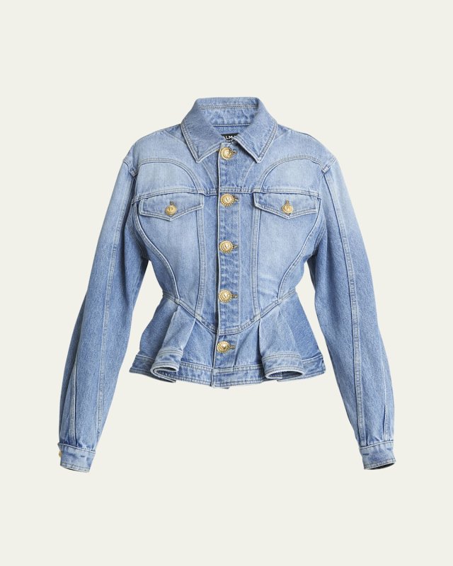 Peplum Denim Jacket with Gold-Tone Buttons