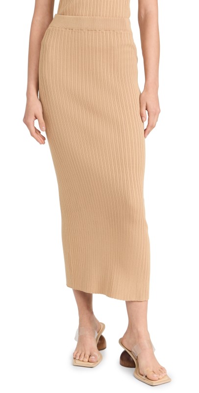 endless rose Ribbed Slit Maxi Skirt Camel