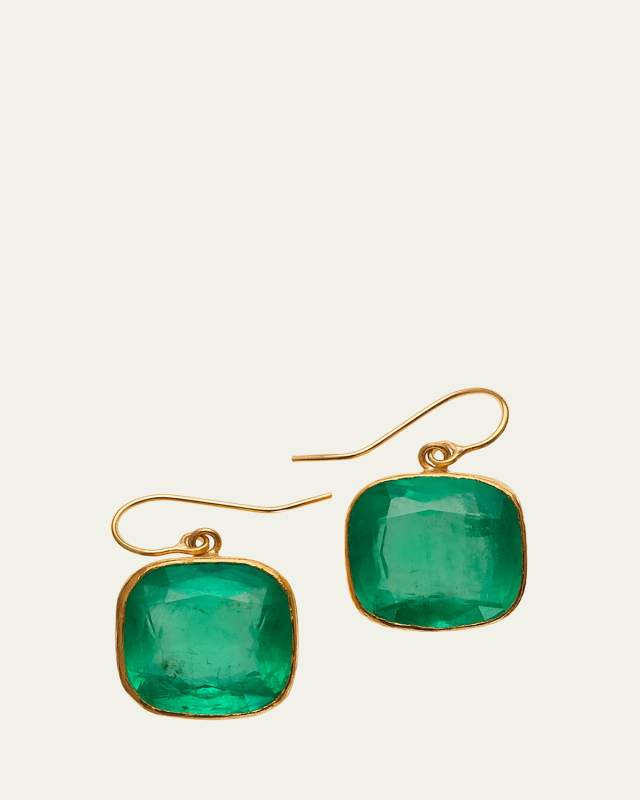 Giant Bright Colombian Emerald Cushion-Cut Single Drop Earrings