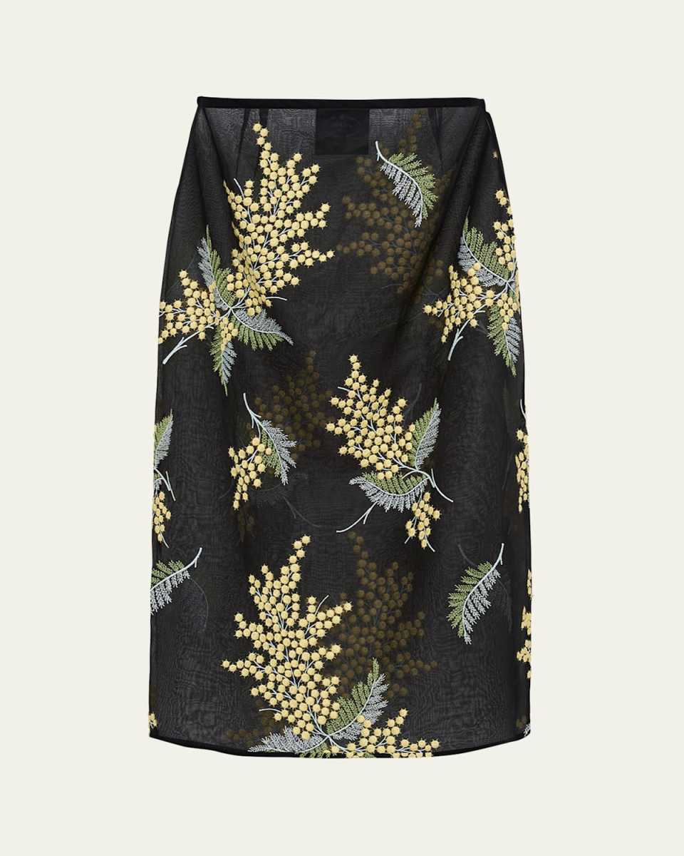 Floral-Embroidered Organza Midi Skirt