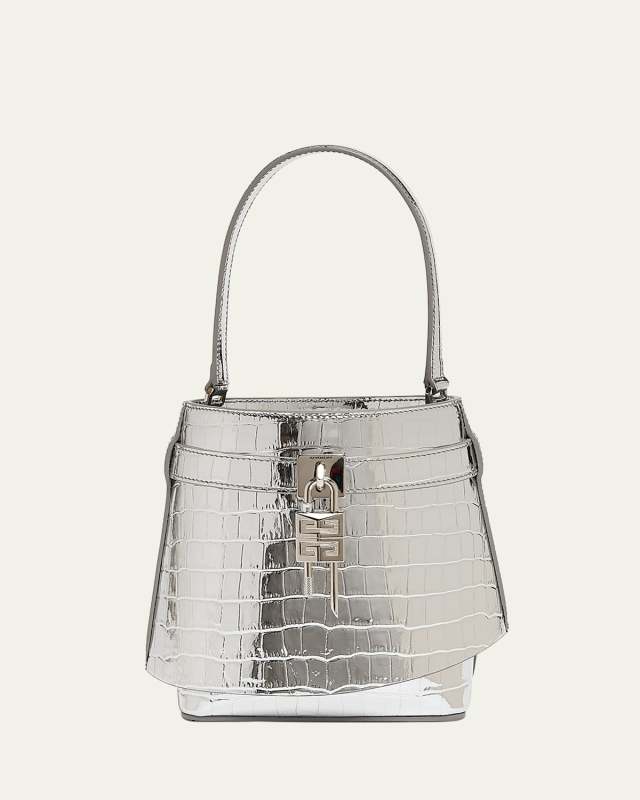 Shark Lock Bucket Bag in Metallic Croc-Embossed Leather