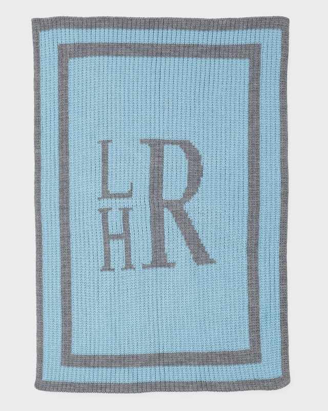 Monogrammed Knit Striped-Trim Baby Blanket, Light Blue