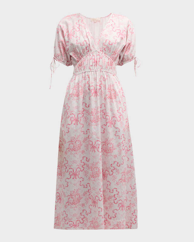 Mastey Floral Cotton Cinched-Waist Midi Dress