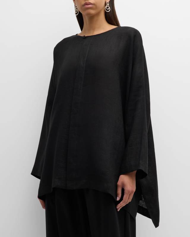Wide Longer-Back Bound Neck Linen Shirt (Long Length)