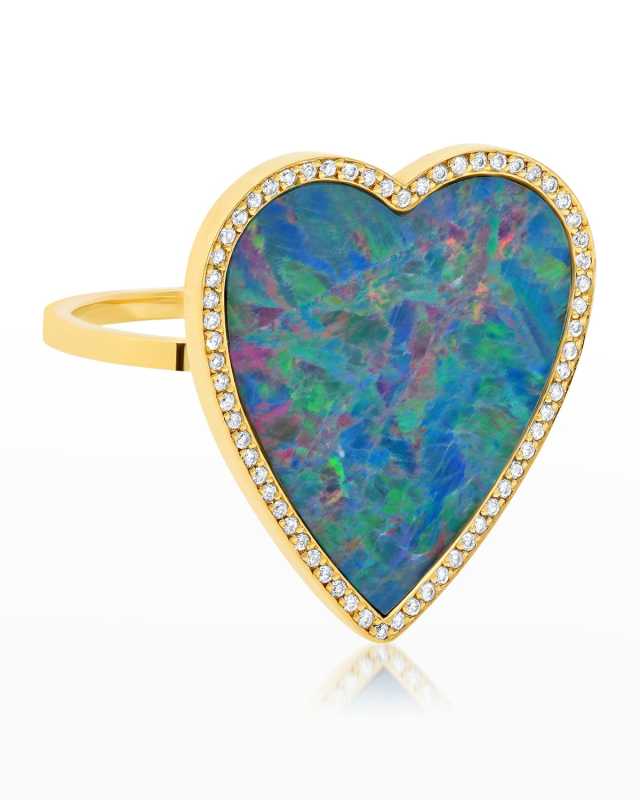 Yellow Gold Red Opal Inlay Heart Ring with Diamonds