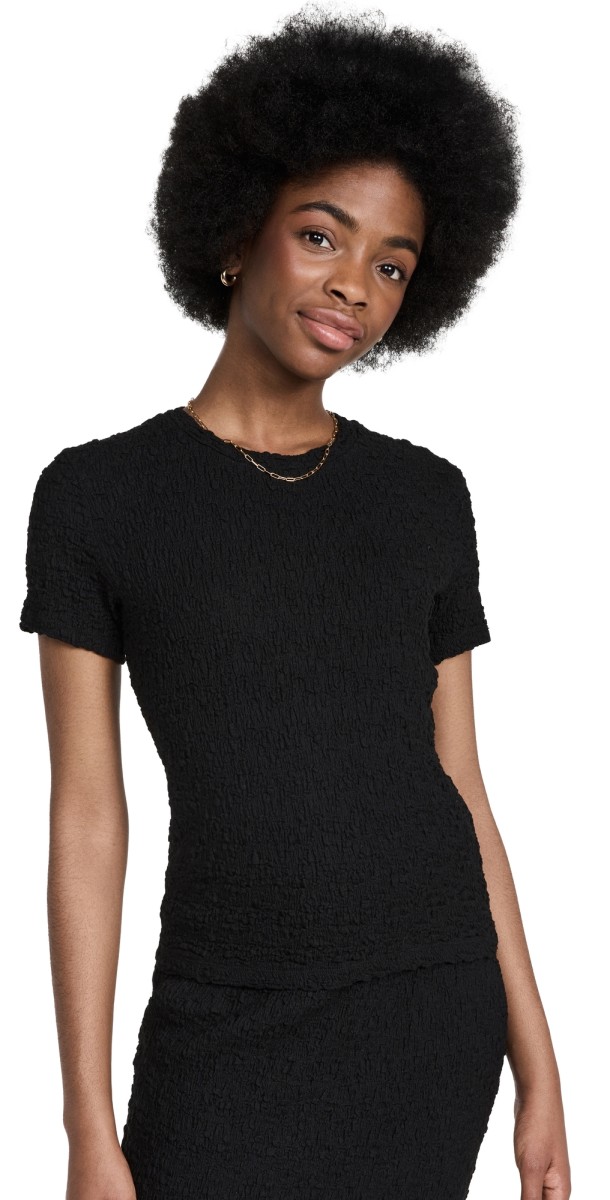 Vince Smocked Short Sleeve Shrunken Crew Black