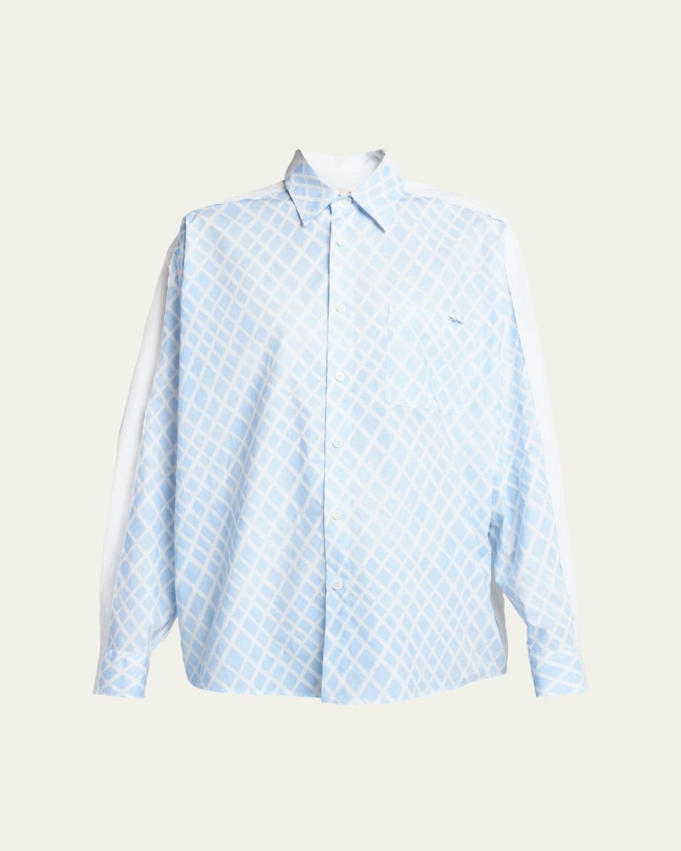 Lattice-Print Contrast-Back Long-Sleeve Button-Down Shirt