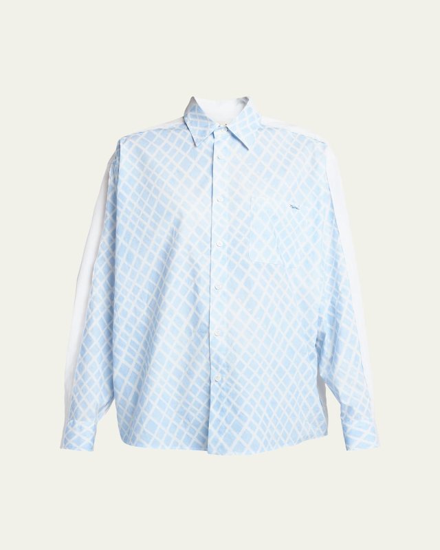 Lattice-Print Contrast-Back Long-Sleeve Button-Down Shirt