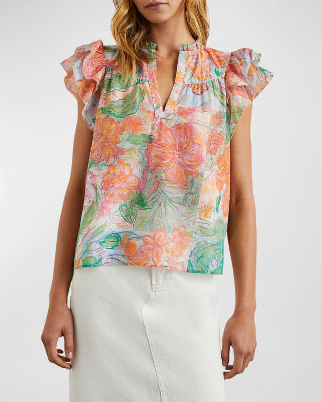 Calista Floral Flutter-Sleeve Blous