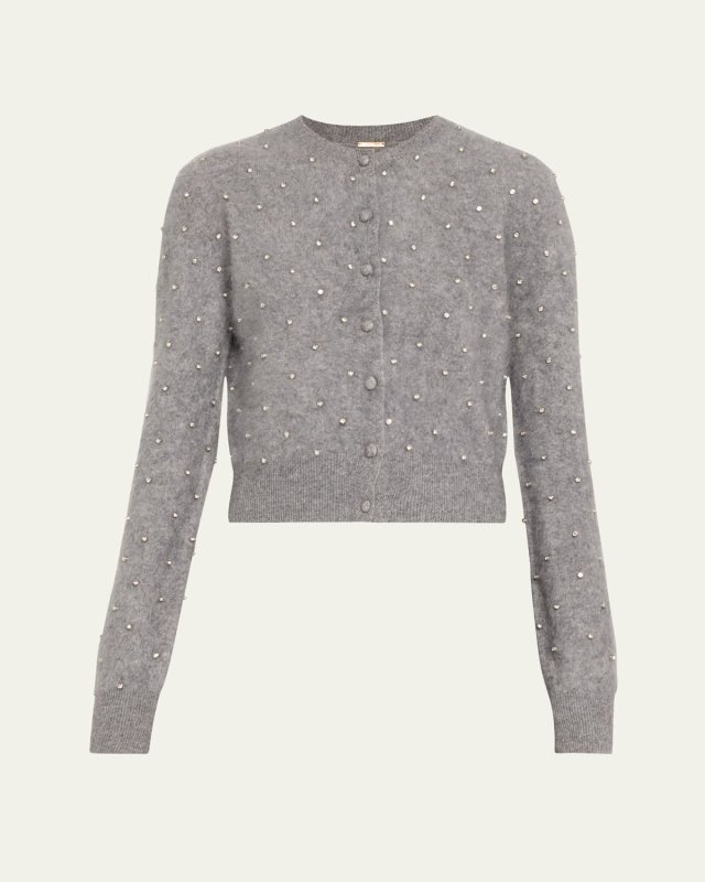 Crystal-Stud Brushed Cashmere Crewneck Cardigan