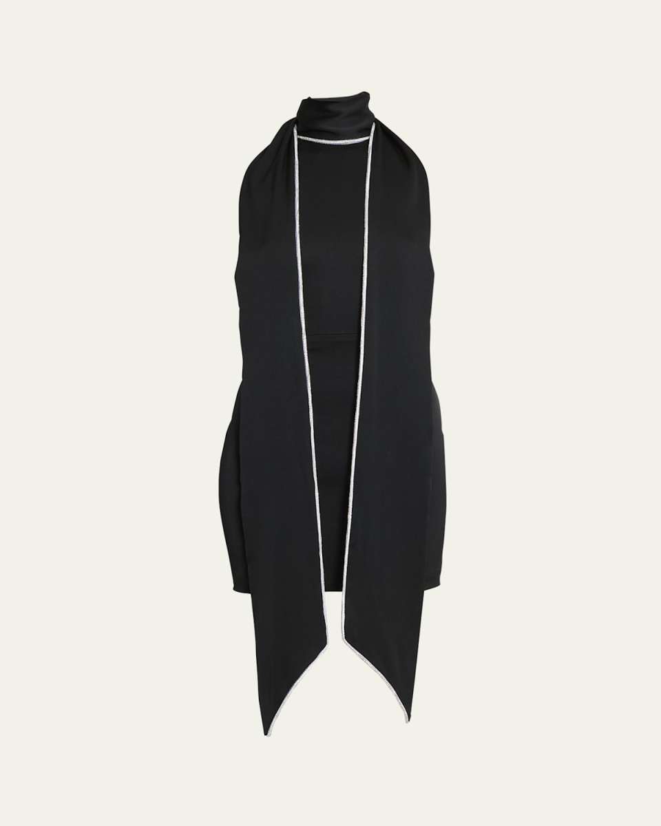 Crystal Trimmed Scarf Mini Satin Dress