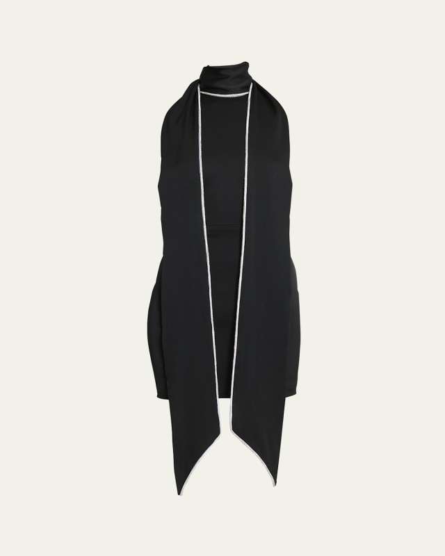 Crystal Trimmed Scarf Mini Satin Dress