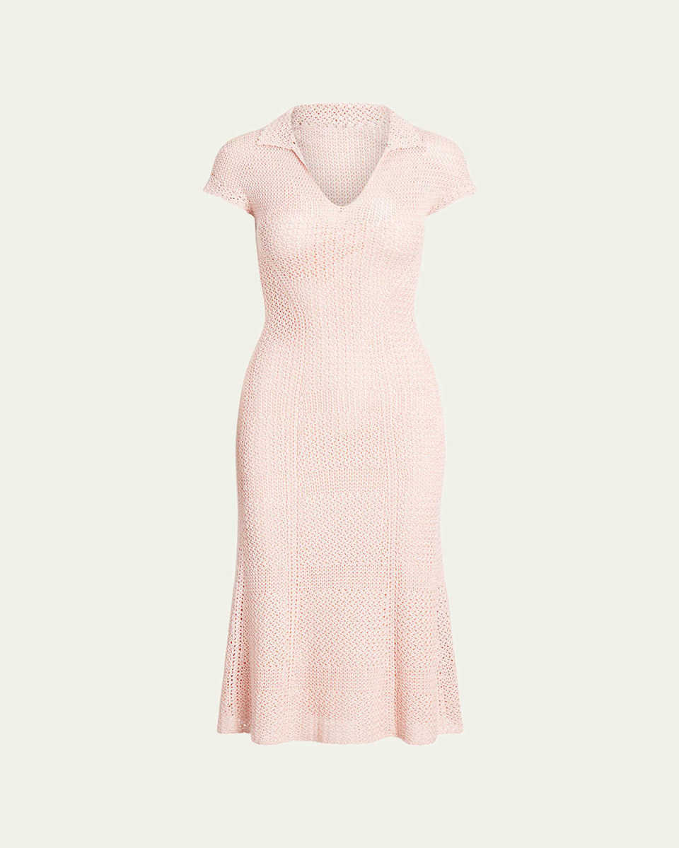 Cap-Sleeve Crochet Knit Midi Polo Dress