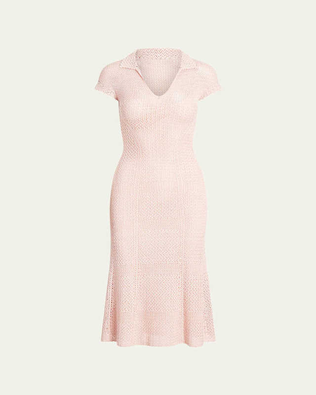 Cap-Sleeve Crochet Knit Midi Polo Dress