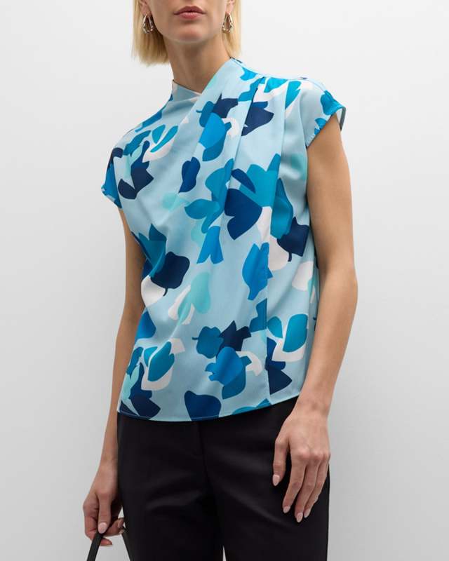 Pleated Cap-Sleeve Abstract-Print Blouse