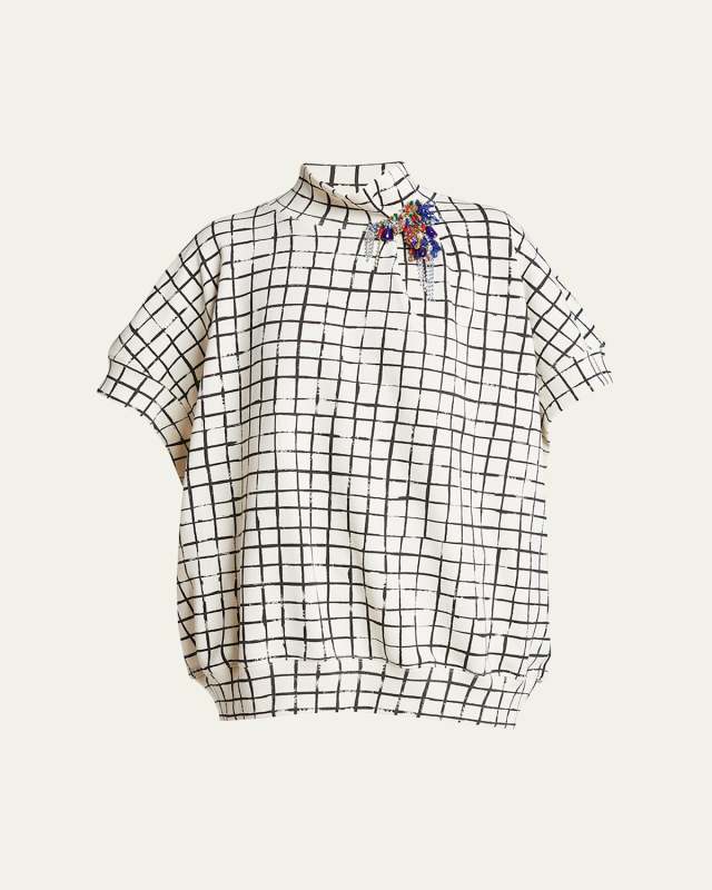 Halovara Grid Print Blouse with Rhinestone Details