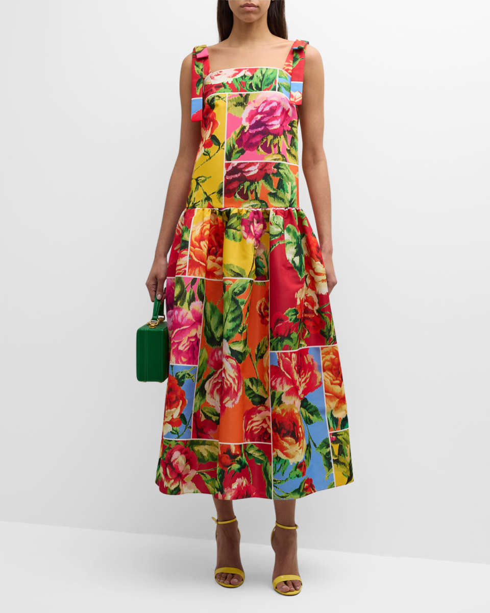 Drop Waist Floral Print Dress with Bow Straps