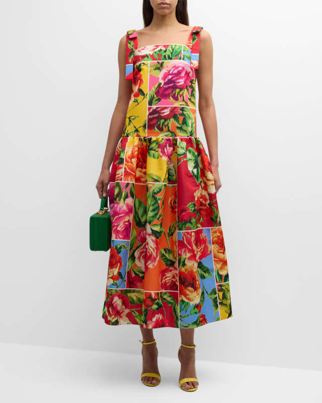 Drop Waist Floral Print Dress with Bow Straps