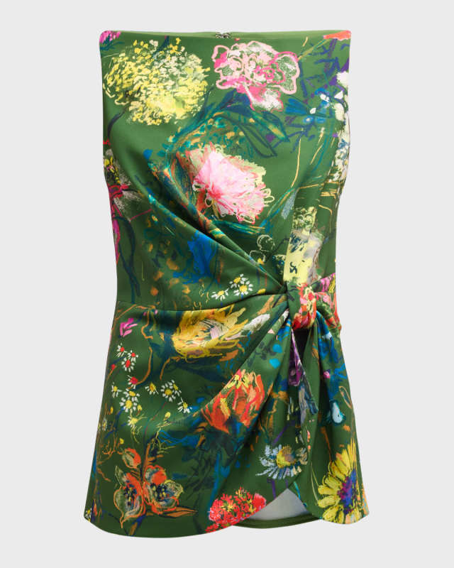 Floral-Print Boat-Neck Sleeveless Draped Top