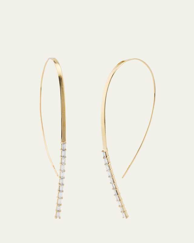 14K Yellow Gold Baguette Diamond Flat Hooked on Hoop Earrings
