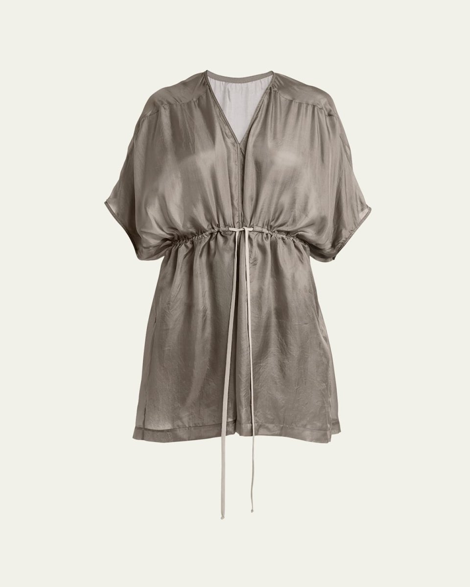 Short-Sleeve Waist-Tie Flowy Silk Tunic Top