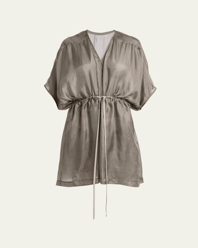 Short-Sleeve Waist-Tie Flowy Silk Tunic Top