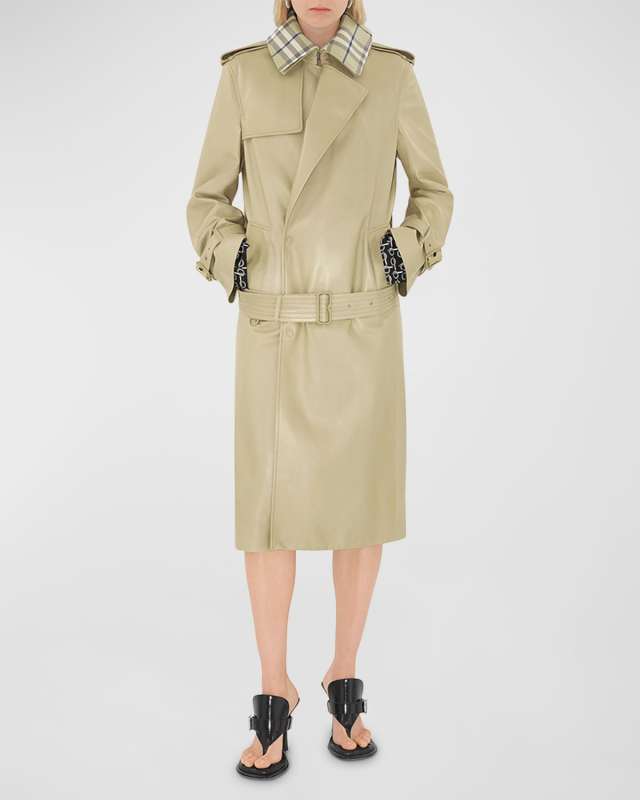 Leather Trench Coat with Check Collar