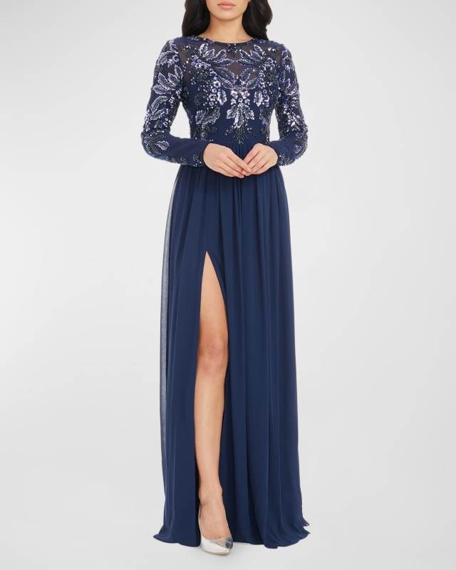 Martha Side-Slit Floral Sequin Gown