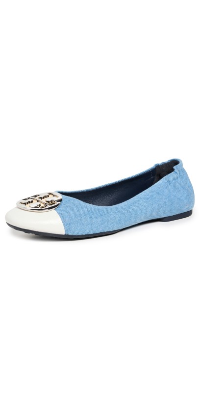 Tory Burch Claire Cap-Toe Ballet Flats Jeans/Blanc