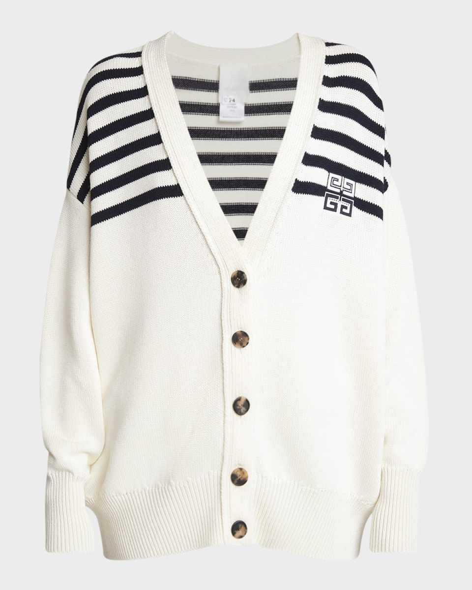 4G Embroidered Striped V-Neck Cardigan