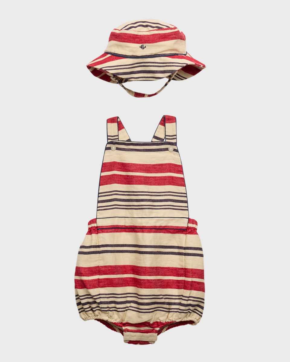Boy's Linen Striped Bubble Shortalls and Hat Set, Size 9M-