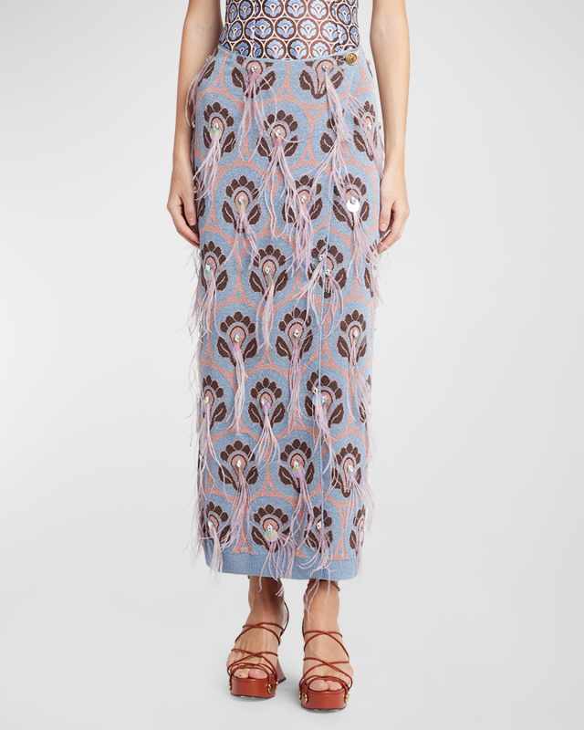 Crystal Feather Embellished Foulard Knit Maxi Wrap Skirt
