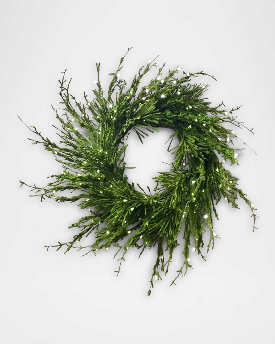 42" Moss Twig Wreath W/ Flocked Branches, Green - 200 Pure White Fairy Lights A/C