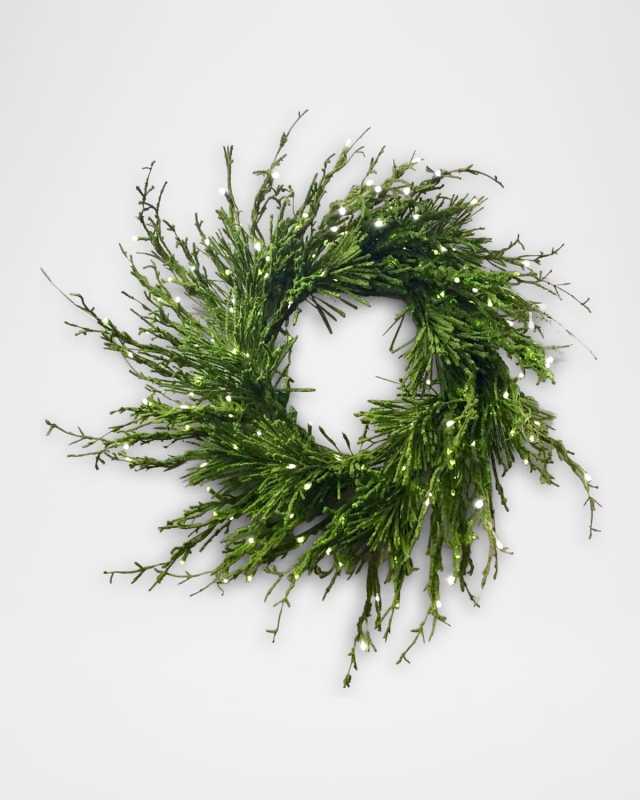 42" Moss Twig Wreath W/ Flocked Branches, Green - 200 Pure White Fairy Lights A/C