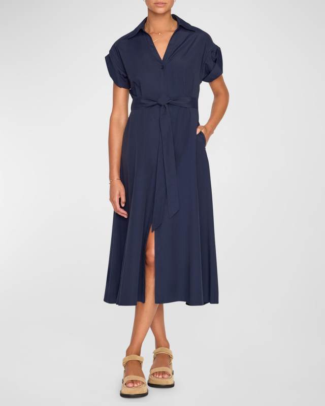 Fia Belted Short-Sleeve Poplin Midi Shirtdress