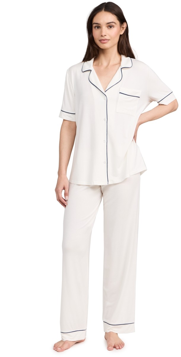 Eberjey Gisele The Short Sleeve Long PJ Set Pure Ivory/Navy