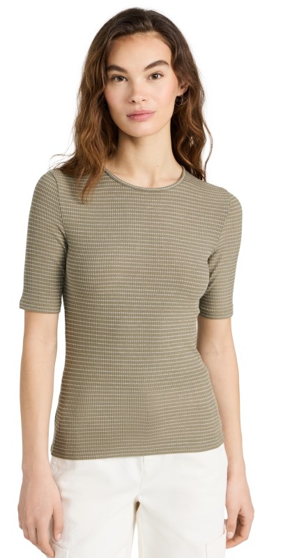 Vince Striped Elbow Sleeve Crew Tee Artichoke/Off White