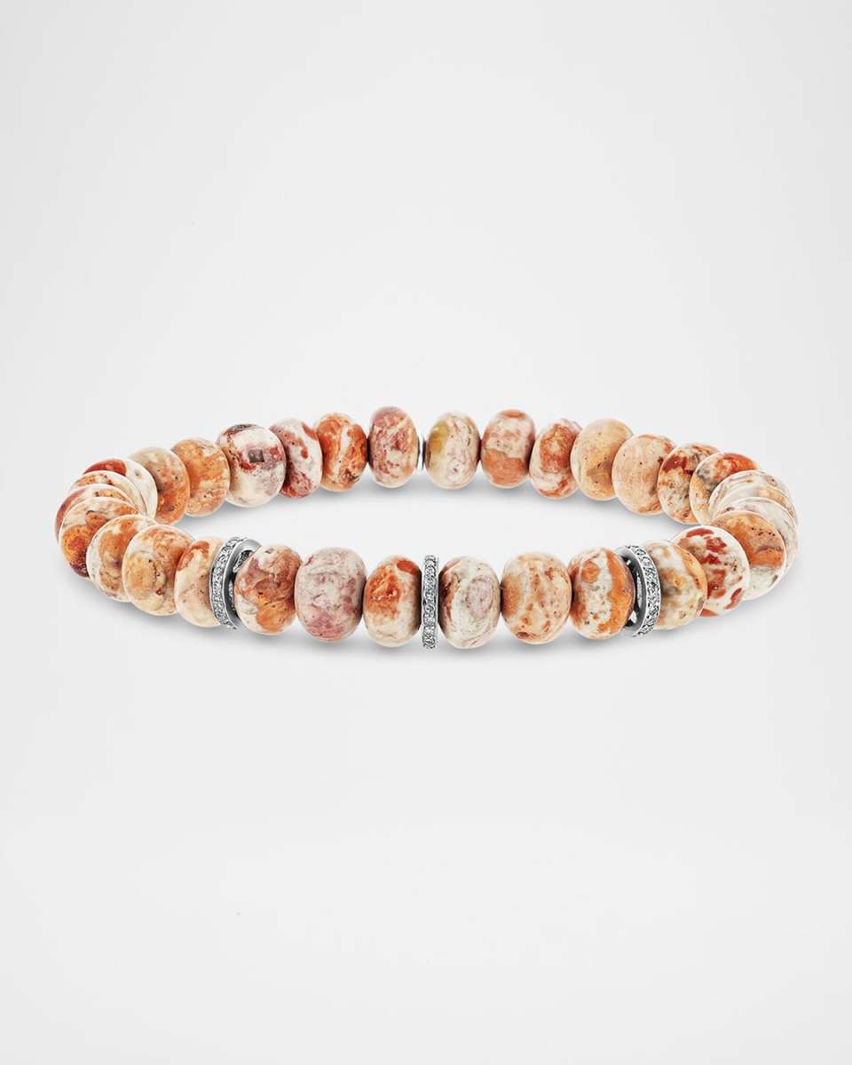 Mexican Fire Opal with Matrix 8mm Bracelet with 3 Pave Diamond Rondelles