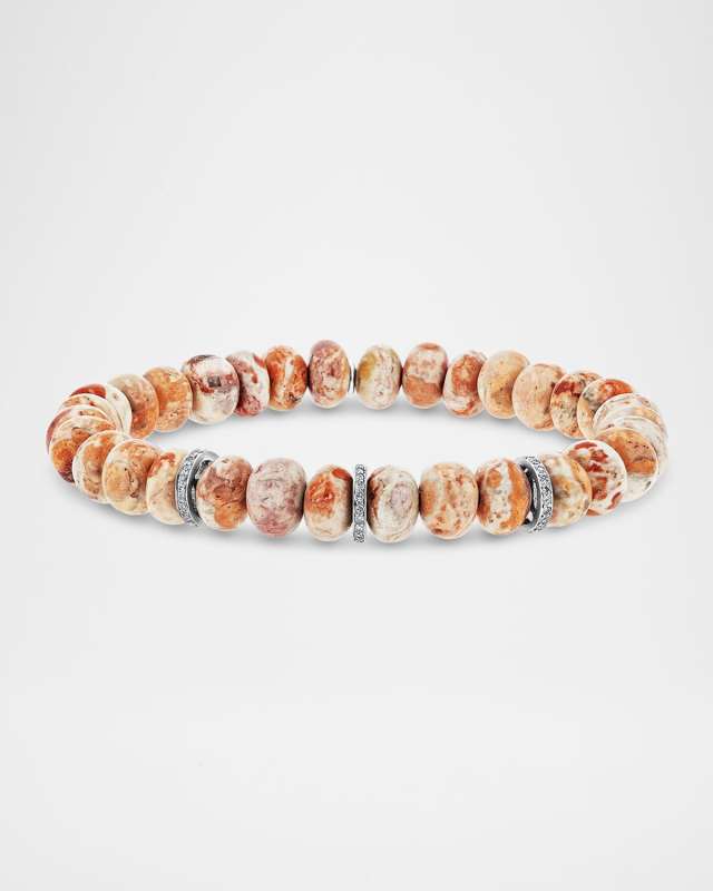 Mexican Fire Opal with Matrix 8mm Bracelet with 3 Pave Diamond Rondelles