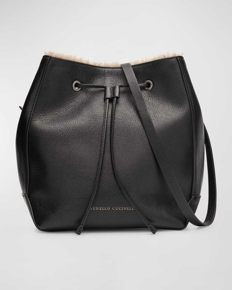 Geometric Sheep Shearling Fur Lined Bucket Bag